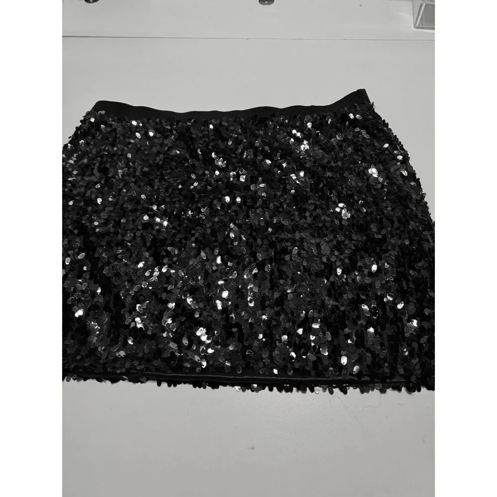 DKNYC Black Sequin Mini Skirt Womens XS S Party Club Holiday Stretch Waist